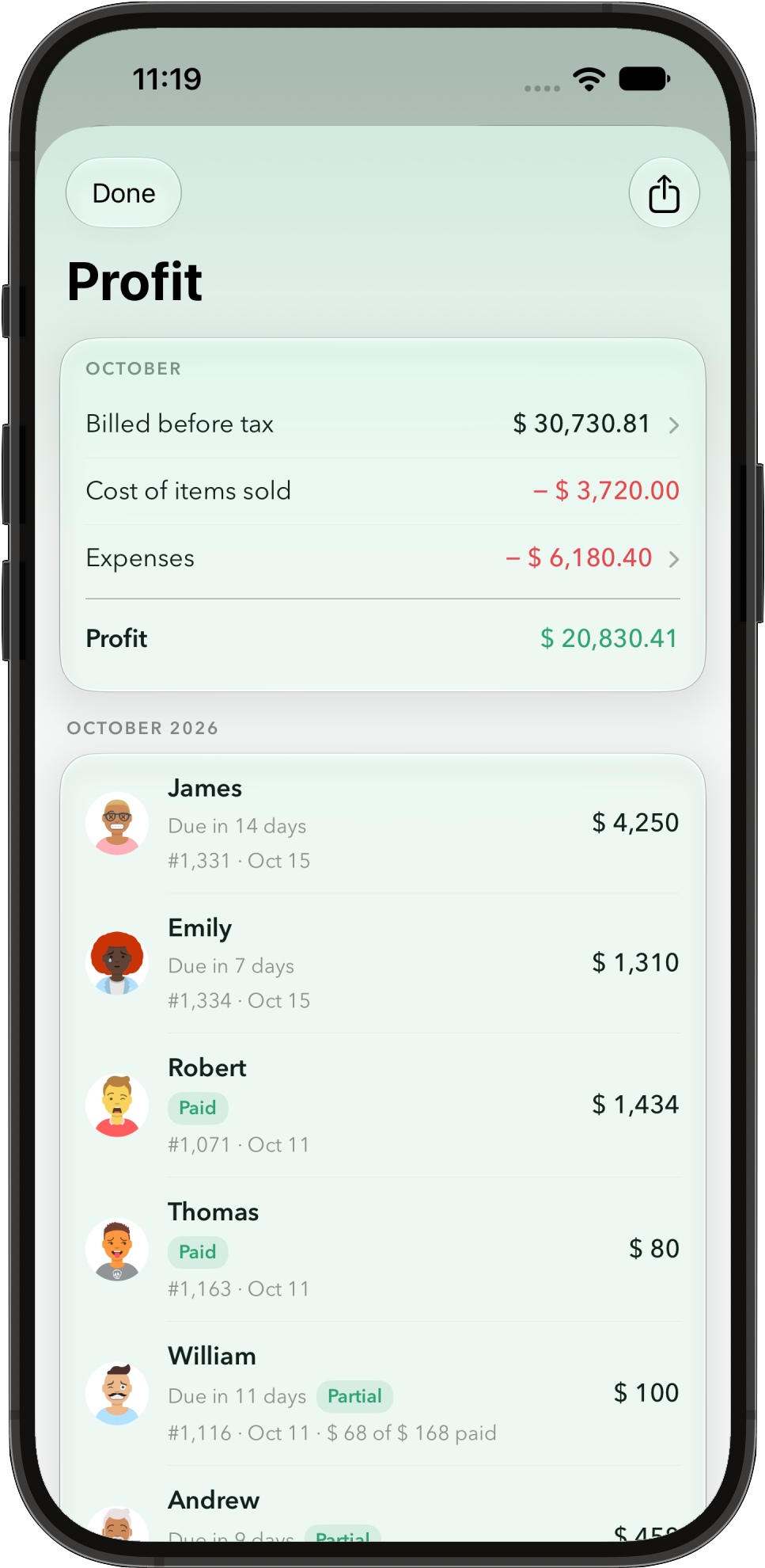 A month's profit, broken down: billed before tax, minus the cost of items sold, minus expenses