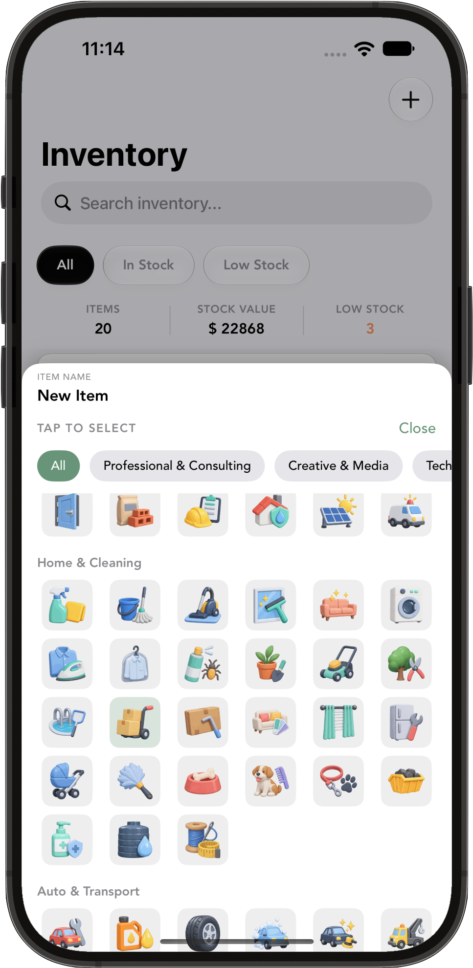 Choosing an item's icon from the 3D set, sorted by trade: Home & Cleaning, Auto & Transport and more